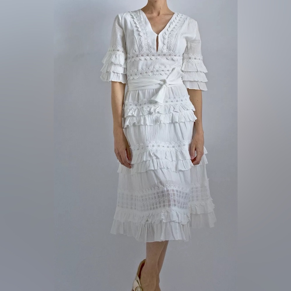 Aqua White Ruffled Midi Dress with Bell Sleeves